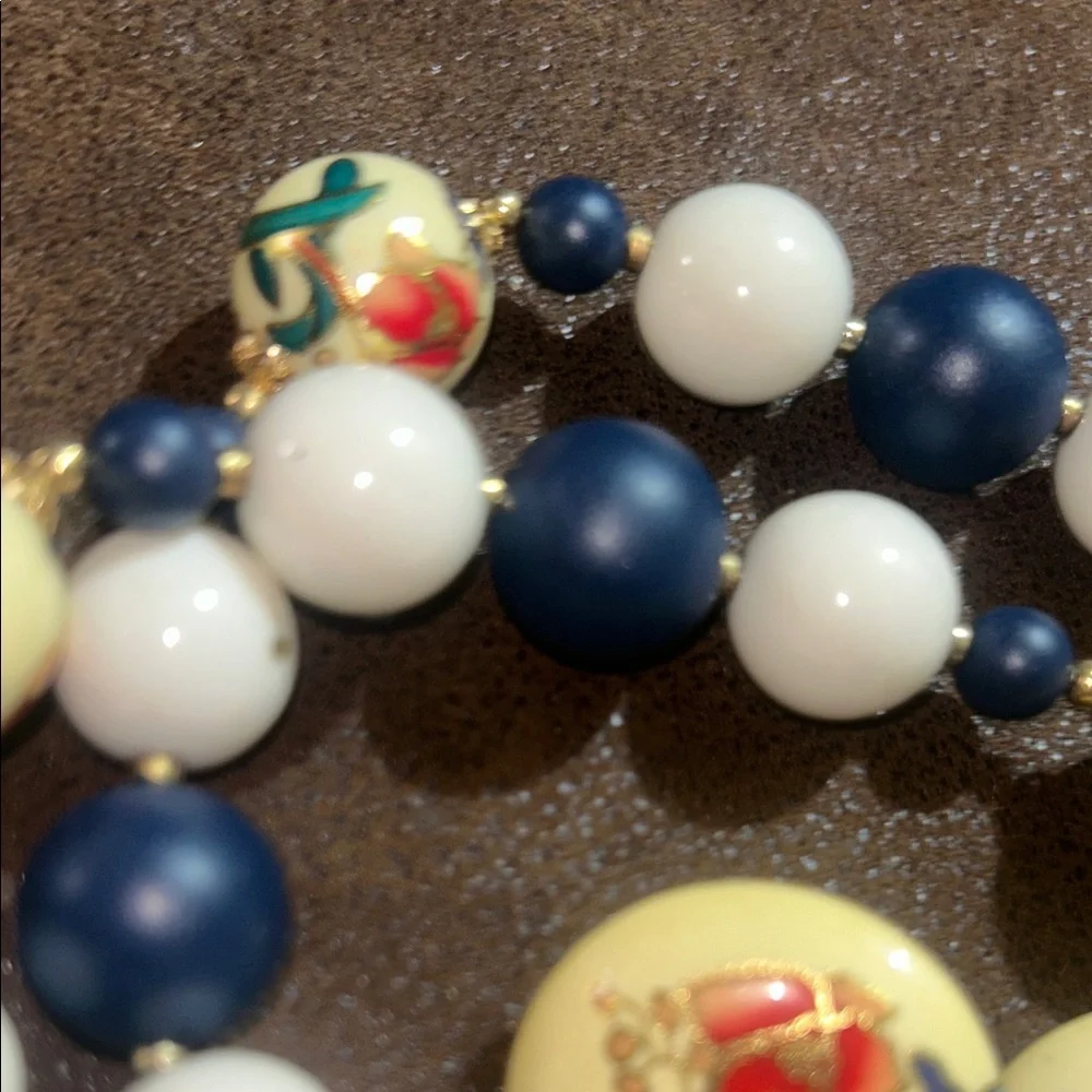 Folk Art-Cloisonne Vintage Beaded Painted Japan Necklace & Earring Set